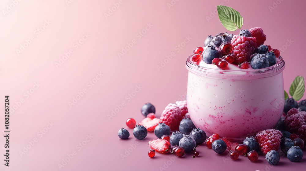 Delicious organic yogurt in glass jar topped with fresh berries, including raspberries, blueberries, and red currants, creating vibrant and healthy dessert Delicious organic yogurt in glass jar topped with fresh berries, including raspberries, blueberries, and red currants, creating vibrant and healthy dessert