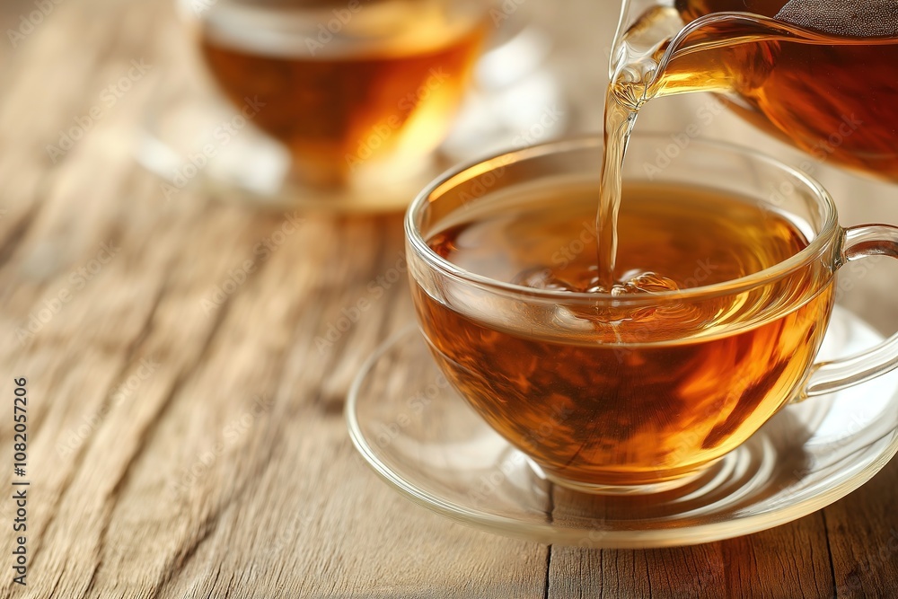 Hot tea is pouring from glass teapot into cup Hot tea is pouring from glass teapot into cup