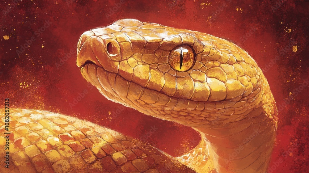 Stunning Golden Snake with Intricate Scales Set Against a Fiery Red Background Evoking a Sense of Boldness, Mystique, and Nature's Raw Beauty in Wildlife Photography Stunning Golden Snake with Intricate Scales Set Against a Fiery Red Background Evoking a Sense of Boldness, Mystique, and Nature's Raw Beauty in Wildlife Photography