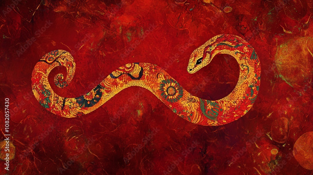 Vibrant and Artistic Representation of a Snake on a Rich Red and Textured Background, Displaying Intricate Patterns and Design Elements for Nature and Art Themes