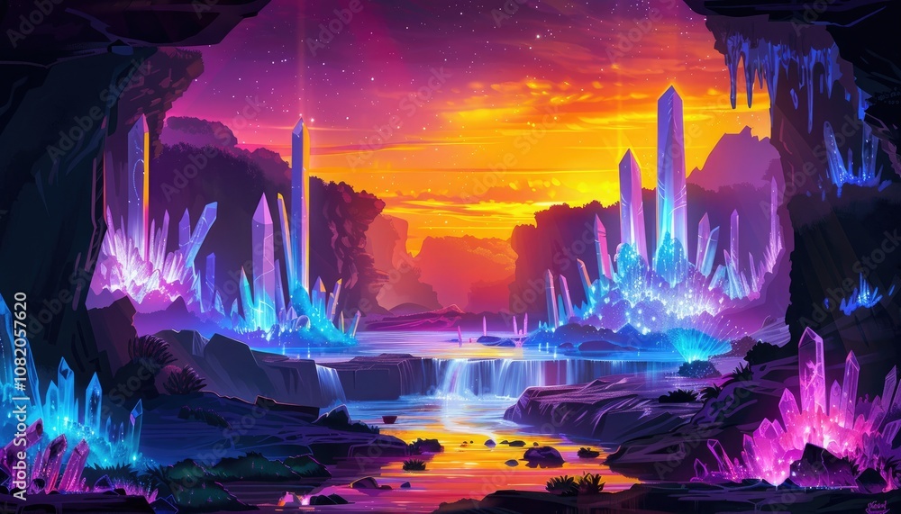 Crystal Formations at Sunset with Waterfall and Starry Sky Crystal Formations at Sunset with Waterfall and Starry Sky