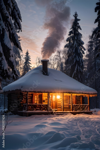 Wooden sauna in the winter forest