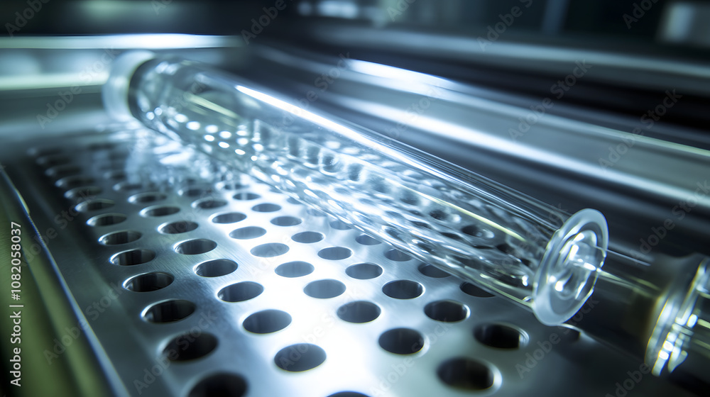 Close-up of an empty glass ampoule lying on a sterile tray. Close-up of an empty glass ampoule lying on a sterile tray.