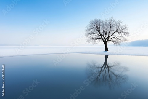 A tree is reflected in the water of a lake. The image has a serene and peaceful mood, with the tree standing alone in the middle of the lake