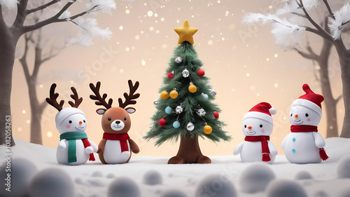 Close-up of a festive Christmas-themed plush toys dressed as reindeer and snowmen under a sparkling tree decoration holiday seasons.