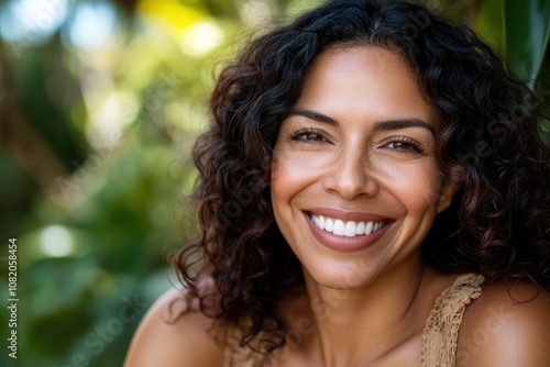 A happy woman with curly hair looking directly at the camera