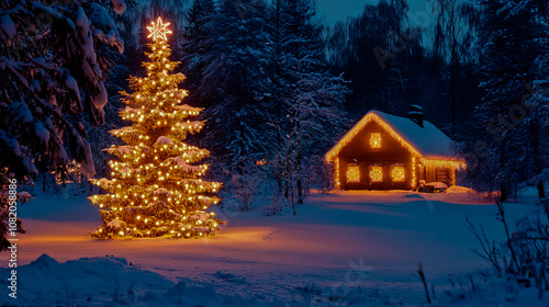 A house with a Christmas tree in front of it