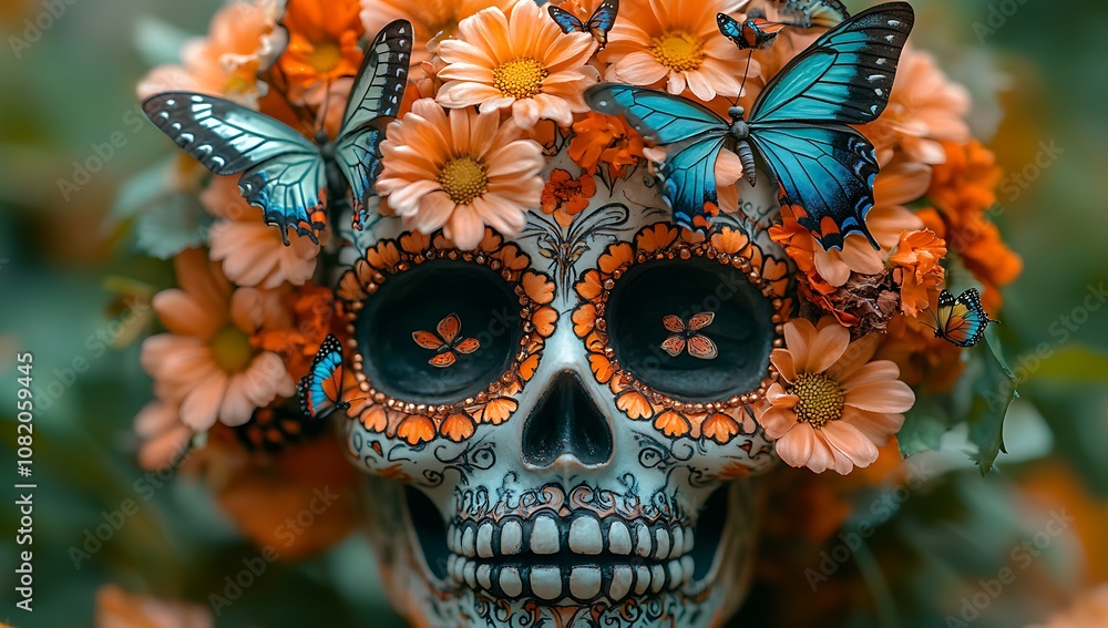 A skull adorned with vibrant flowers and delicate butterflies, whimsical gothic design. A skull adorned with vibrant flowers and delicate butterflies, whimsical gothic design.