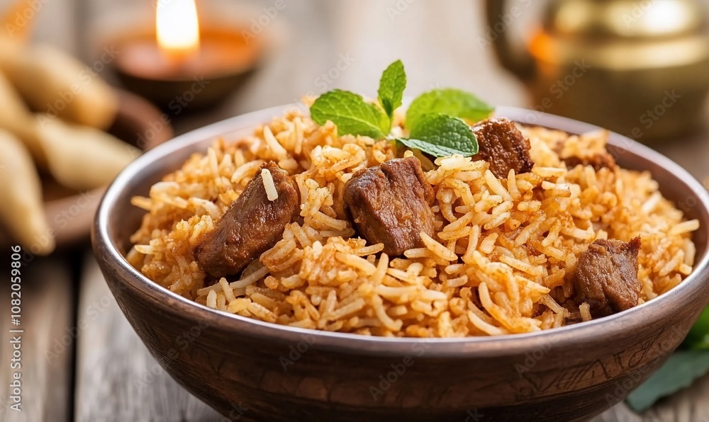 A bowl of flavorful rice dish with meat and garnished with mint leaves. A bowl of flavorful rice dish with meat and garnished with mint leaves.