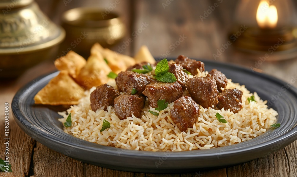 A plate of flavorful rice with tender beef and crispy snacks. A plate of flavorful rice with tender beef and crispy snacks.