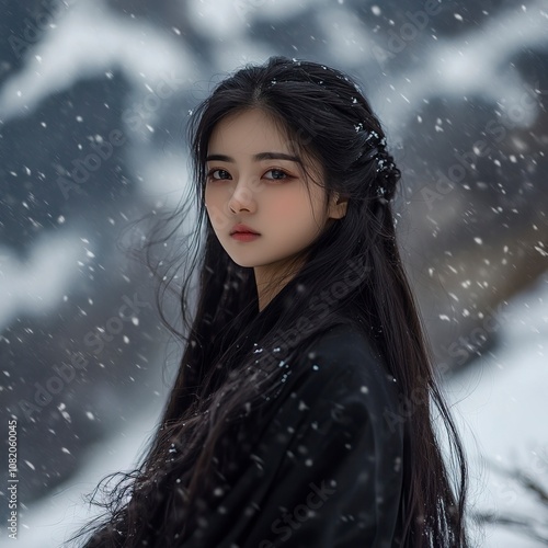 A Chinese girl with long hair wearing a black robe,The background is a snowy mountainï.generative ai