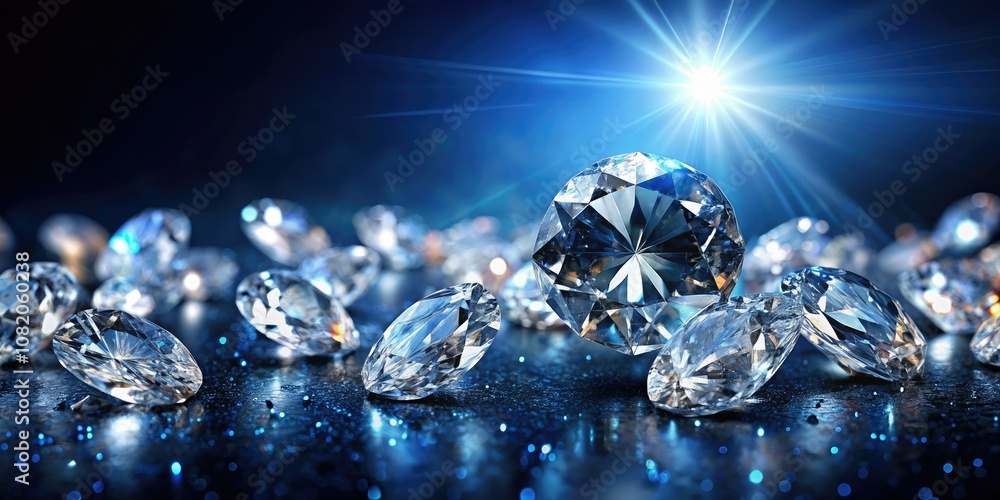 Radiant diamonds shine beautifully on a deep blue background, offering an elegant canvas for luxury content, highlighting brilliance while providing generous space for text and imagery. Radiant diamonds shine beautifully on a deep blue background, offering an elegant canvas for luxury content, highlighting brilliance while providing generous space for text and imagery.