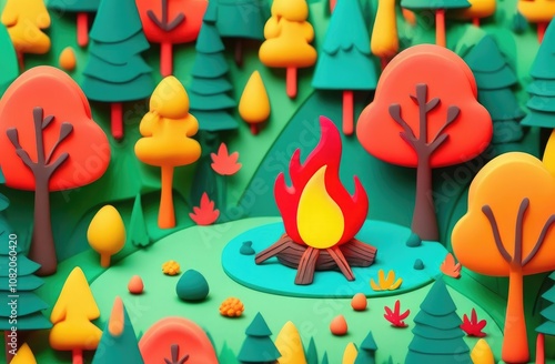 fire in the middle of the forest. forest fire 3d miniature isometric, 3d illustration.