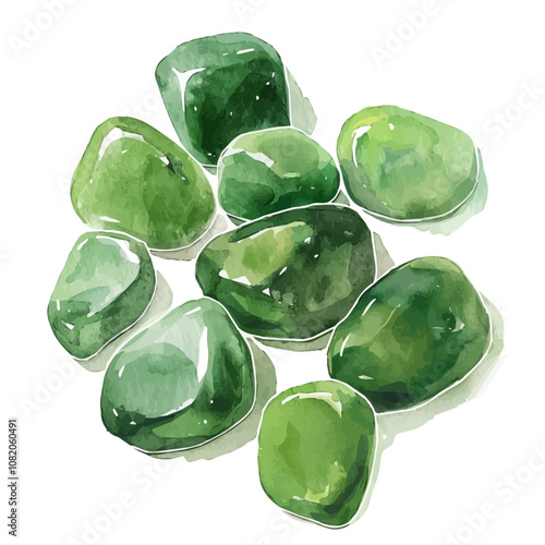 A watercolor illustration of a set of jade stones, isolated on a white background. Jade stones vector.