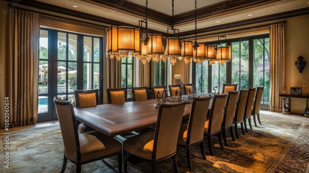 A Modern Dining Room with a Large Wooden Table and an Intricate Chandelier A Modern Dining Room with a Large Wooden Table and an Intricate Chandelier