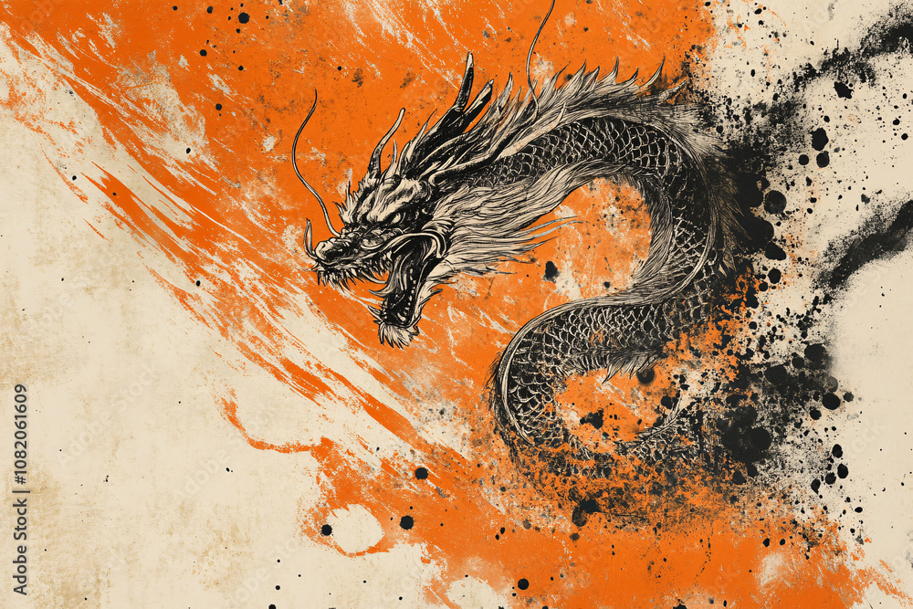 dynamic dragon artwork in black ink with orange splashes showing movement and energy as the dragon appears to lunge forward
dynamic dragon artwork in black ink with orange splashes showing movement and energy as the dragon appears to lunge forward