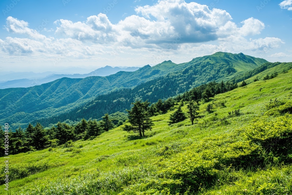 A serene landscape featuring a green hillside, surrounded by trees and mountains in the distance A serene landscape featuring a green hillside, surrounded by trees and mountains in the distance