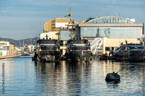 Viareggio, Lucca, Italy: the dock, with boats and yachts and the famous shipyards producing luxury boats