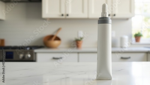  Tube of sealant. A white squeeze bottle stands on a marble kitchen counter. Behind is a blurred background with a stove and plants.