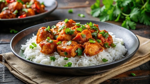 Savor the flavors of sweet and spicy chicken on rice, beautifully garnished with cilantro. A vibrant dish that excites your taste buds and senses.