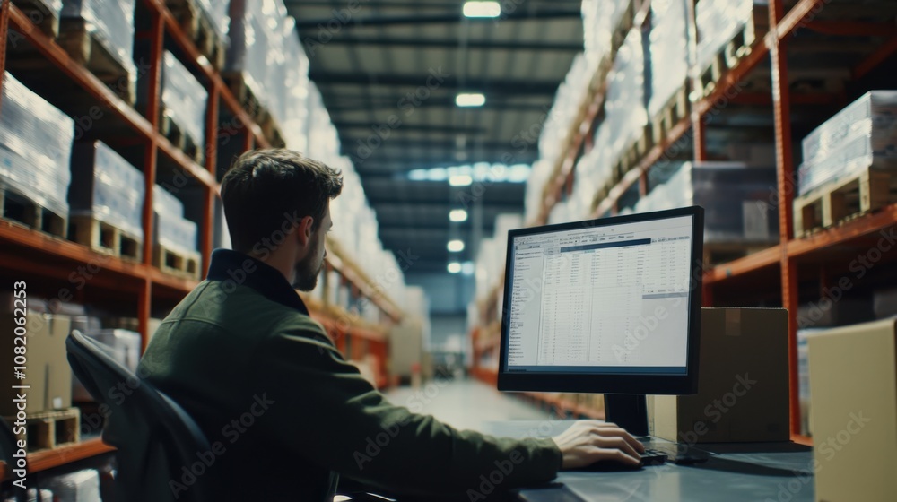 Digital Inventory Management in Fulfillment Center: Worker Using Computer System to Track Inventory, Highlighting Inventory Tracking and Fulfillment Center Operations Digital Inventory Management in Fulfillment Center: Worker Using Computer System to Track Inventory, Highlighting Inventory Tracking and Fulfillment Center Operations