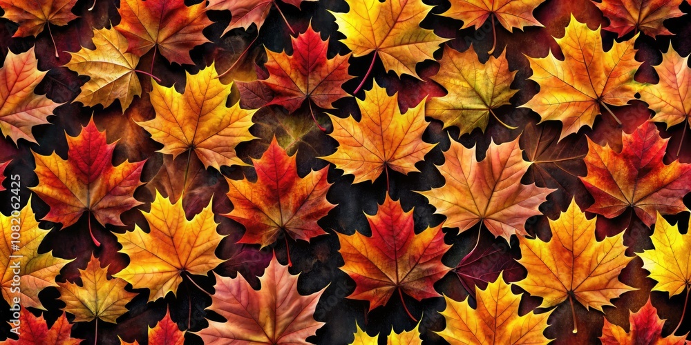 Seamless pattern featuring autumn maple leaves in vibrant colors against a dark background, ideal for decorative applications, textiles, wall art, and autumn-themed designs. Seamless pattern featuring autumn maple leaves in vibrant colors against a dark background, ideal for decorative applications, textiles, wall art, and autumn-themed designs.