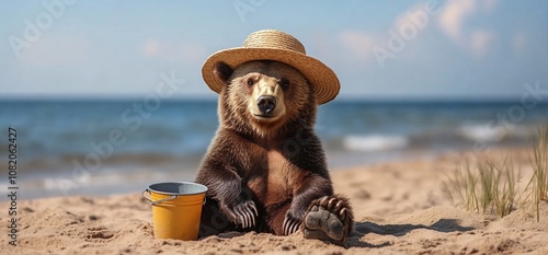 A brown bear wearing a straw hat sits on a sandy beach with a yellow bucket in front of it. The bear is looking at the camera.