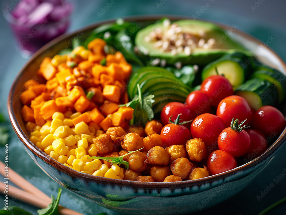 Colorful vegetable salad bowl with sweet potatoes, chickpeas, and avocado on a green background Colorful vegetable salad bowl with sweet potatoes, chickpeas, and avocado on a green background