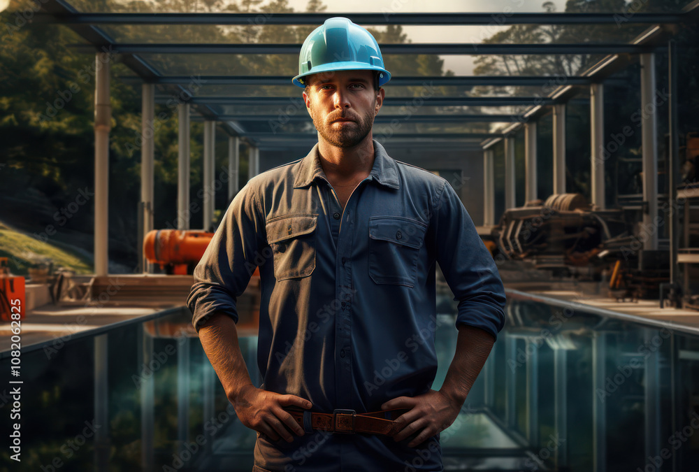 A construction worker in a blue hard hat stands confidently at a construction site with machinery in the background. A construction worker in a blue hard hat stands confidently at a construction site with machinery in the background.