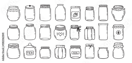 Jars hand drawn doodle isolated on white background. Jar empty, template outline drawing elements collection.