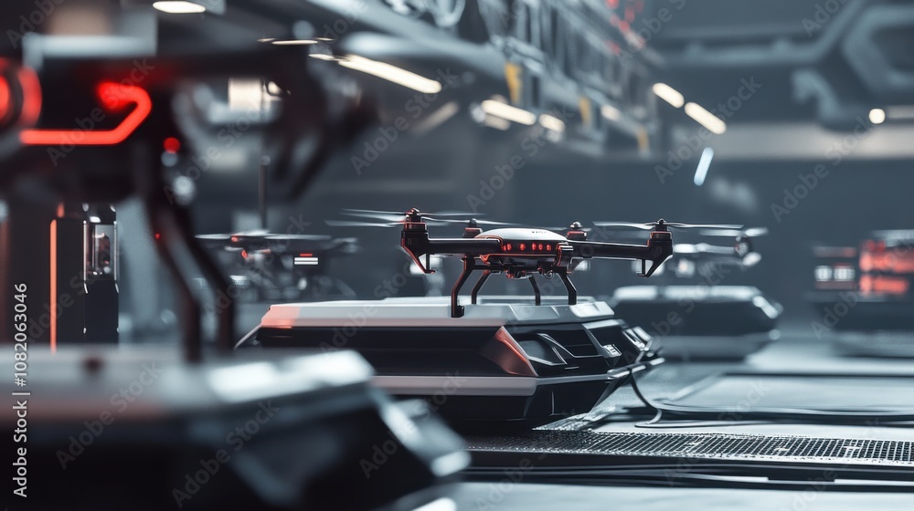 Futuristic Delivery Drone Station with Multiple Drones Ready for Dispatch and Advanced Charging Infrastructure: Showcasing High-Tech Solutions for Efficient Drone-Based Package Delivery