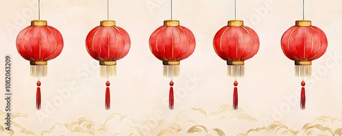 Five traditional red lanterns hanging against elegant beige background, symbolizing celebration and cultural richness.