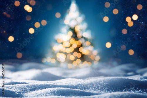 christmas tree and snow defocused bokeh lights