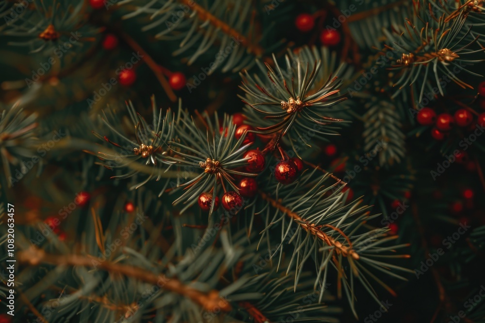A close-up shot of a pine tree branch featuring bright red berries, great for winter or holiday-themed designs A close-up shot of a pine tree branch featuring bright red berries, great for winter or holiday-themed designs