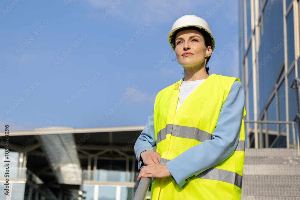 Portrait of a confident female engineer in a safety vest, with a modern building in the background. Copy space. Portrait of a confident female engineer in a safety vest, with a modern building in the background. Copy space.