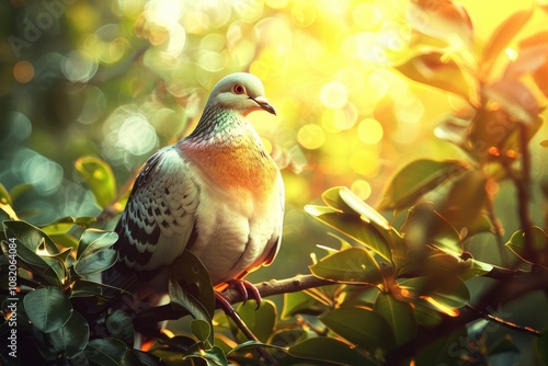 A pigeon perched on a tree branch, natural scene