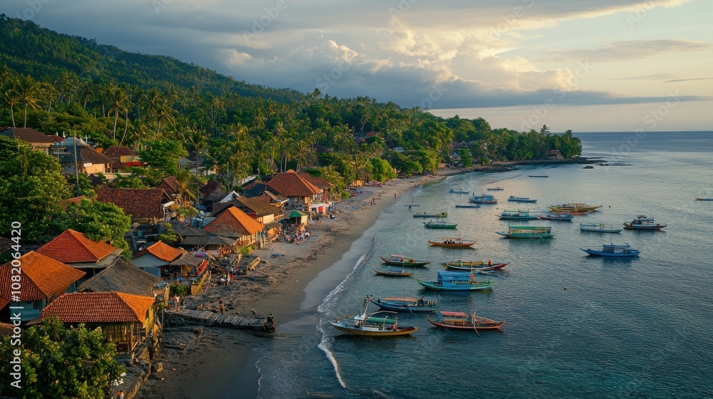 Fototapeta premium Tropical Village Beach with Boats at Sunset