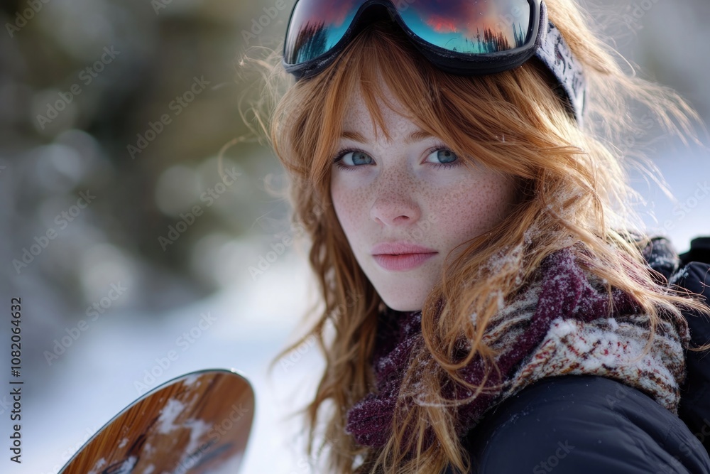 A woman with bright red hair and goggles riding a snowboard in the snow A woman with bright red hair and goggles riding a snowboard in the snow