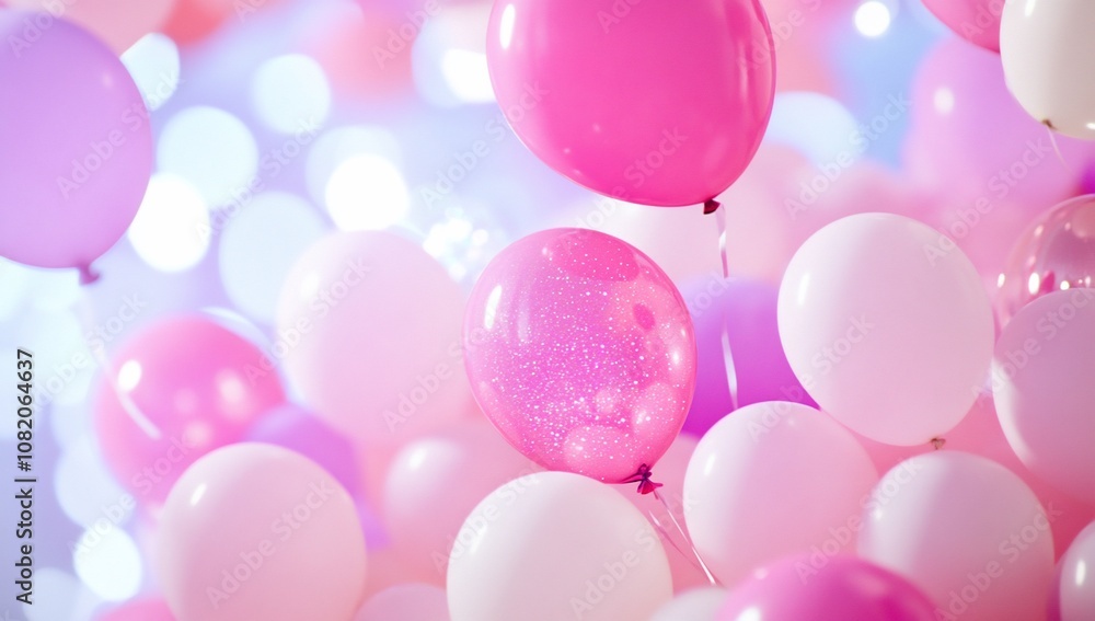 A vibrant arrangement of pink and white balloons for a celebration. A vibrant arrangement of pink and white balloons for a celebration.