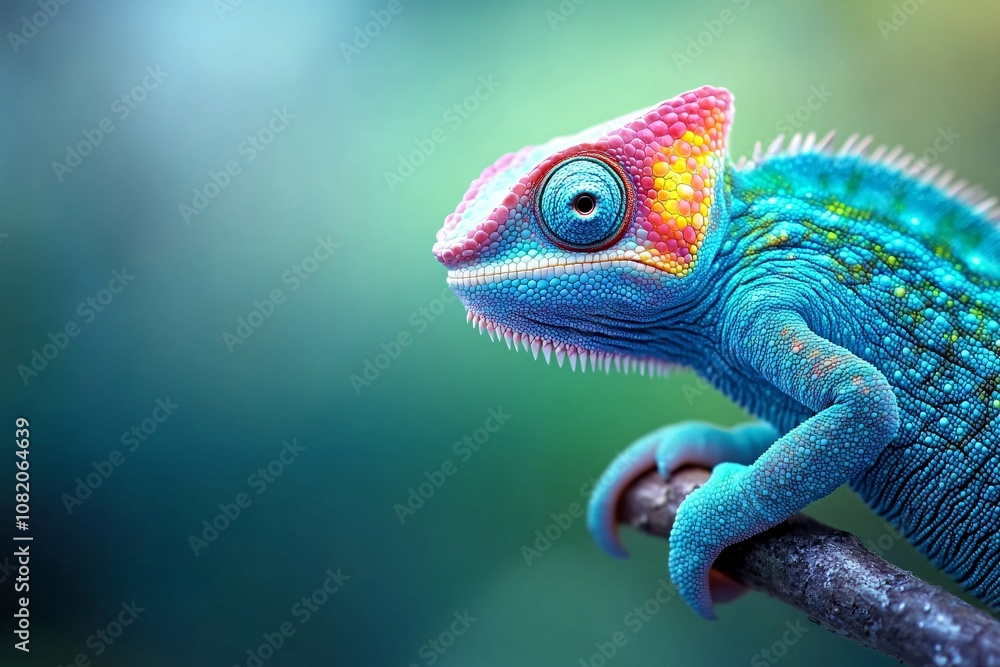 Vibrant Chameleon Panther perched on Branch in Lush Green Habitat Vibrant Chameleon Panther perched on Branch in Lush Green Habitat