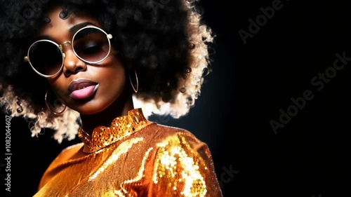 A black 1970s disco queen with a big afro and sunglasses