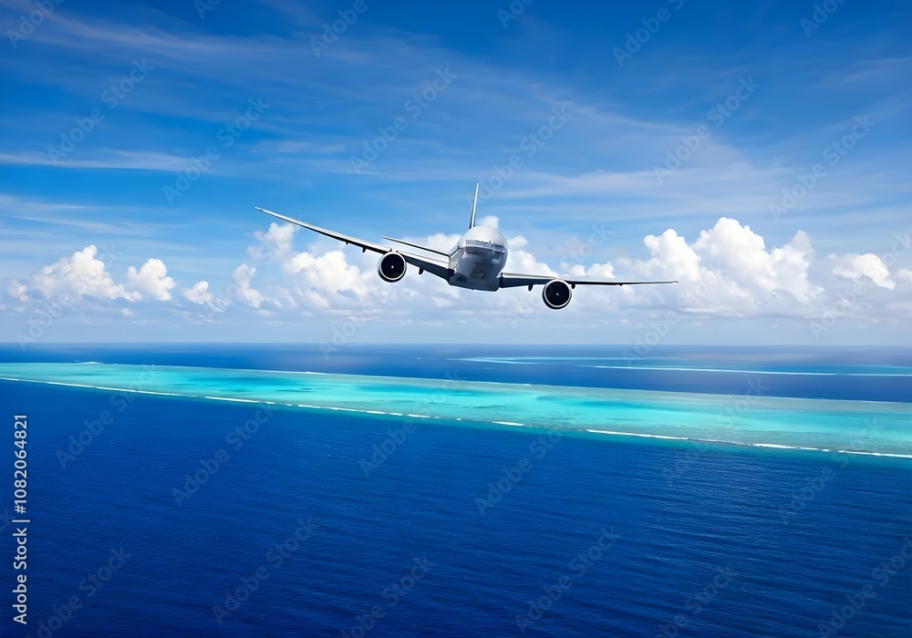 Airplane in the sky flying above exotic island stock image Airplane in the sky flying above exotic island stock image