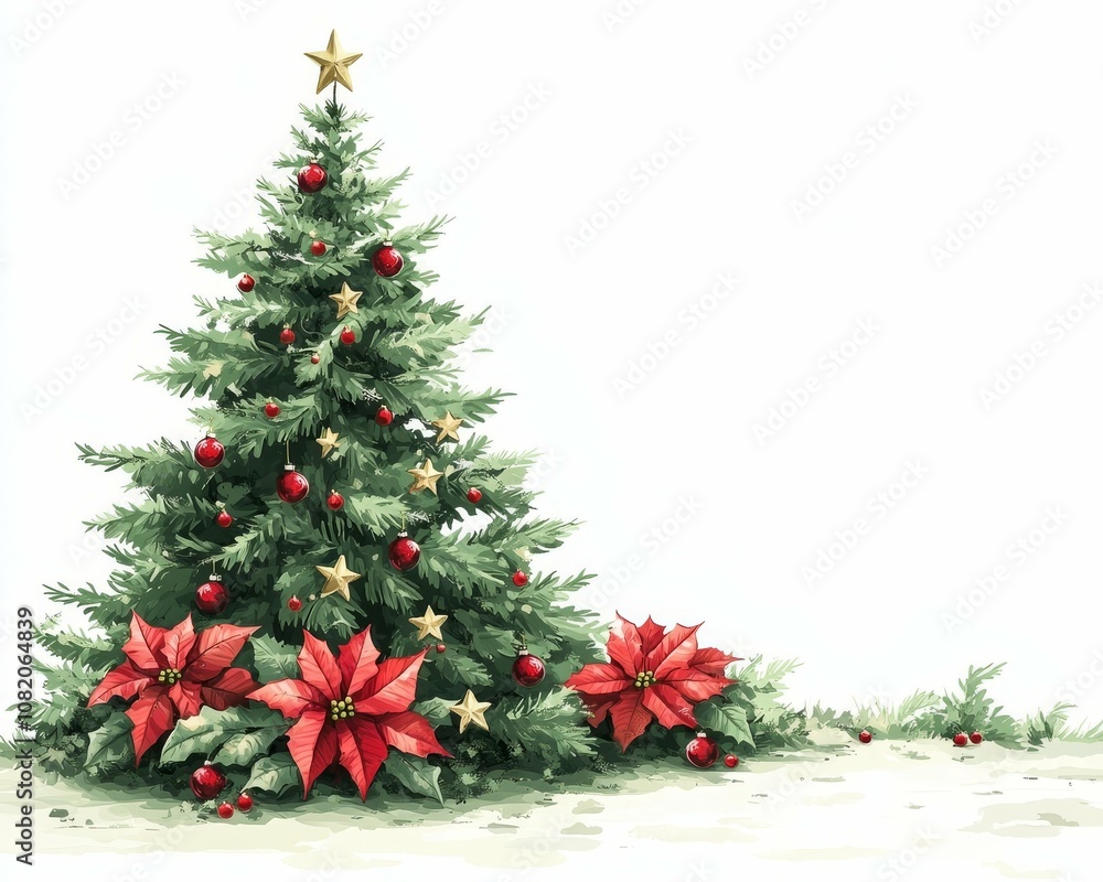 Festive Christmas Tree with Poinsettia - Holiday Decorations and Cheer Festive Christmas Tree with Poinsettia - Holiday Decorations and Cheer