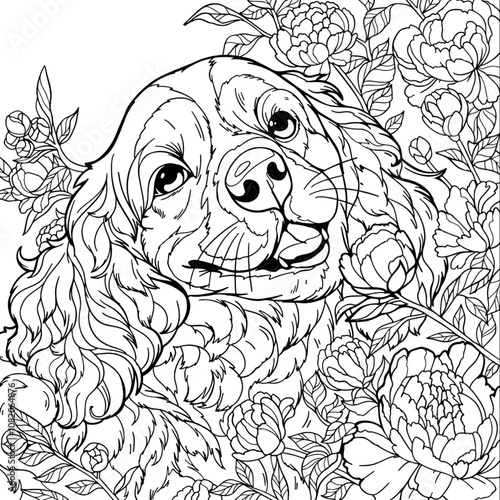 dog with flowers colouring page