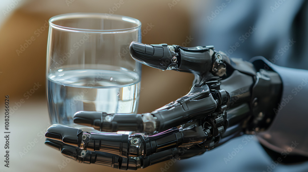 Close-up of a prosthetic hand holding a glass of water demonstrating strength and grip control. Close-up of a prosthetic hand holding a glass of water demonstrating strength and grip control.