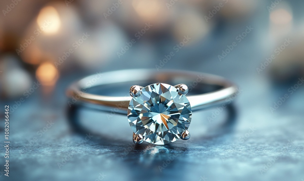A close-up shot of a silver ring with a large, brilliant diamond on a blue surface. A close-up shot of a silver ring with a large, brilliant diamond on a blue surface.