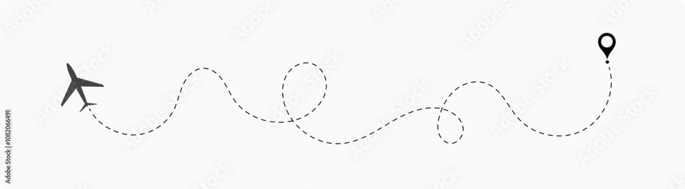 Airplane line path vector icon set of air plane flight route with start point and dash line trace. Plane vector icon and dotted line airplane path 12 Airplane line path vector icon set of air plane flight route with start point and dash line trace. Plane vector icon and dotted line airplane path 12