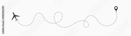 Airplane line path vector icon set of air plane flight route with start point and dash line trace. Plane vector icon and dotted line airplane path 12