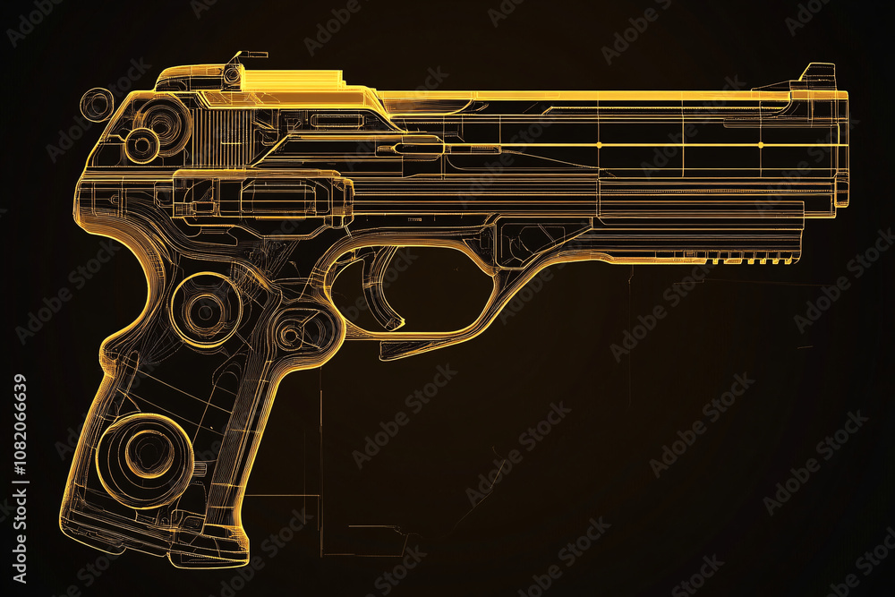 A side profile of a glowing golden wireframe pistol emphasizing its futuristic and technical design on a dark backdrop
A side profile of a glowing golden wireframe pistol emphasizing its futuristic and technical design on a dark backdrop