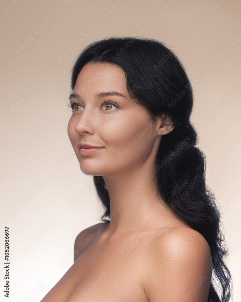 A serene young woman with long dark hair and flawless skin looks softly into the distance, highlighting natural beauty and elegance. This image is perfect for promoting skincare, wellness, or beauty A serene young woman with long dark hair and flawless skin looks softly into the distance, highlighting natural beauty and elegance. This image is perfect for promoting skincare, wellness, or beauty